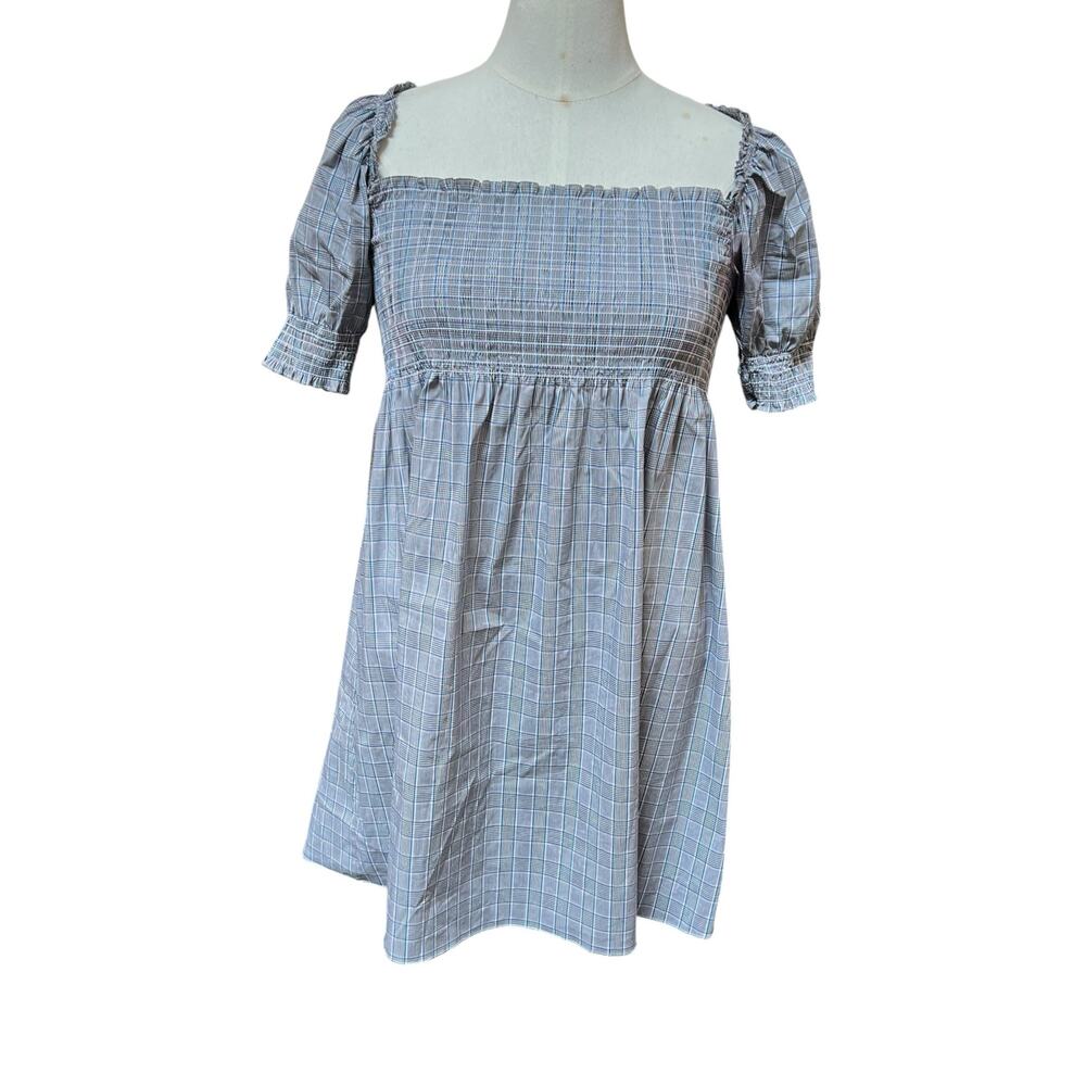 Hill House Blue Gray Plaid Smocked Puff Sleeve Mini Dress Size XL